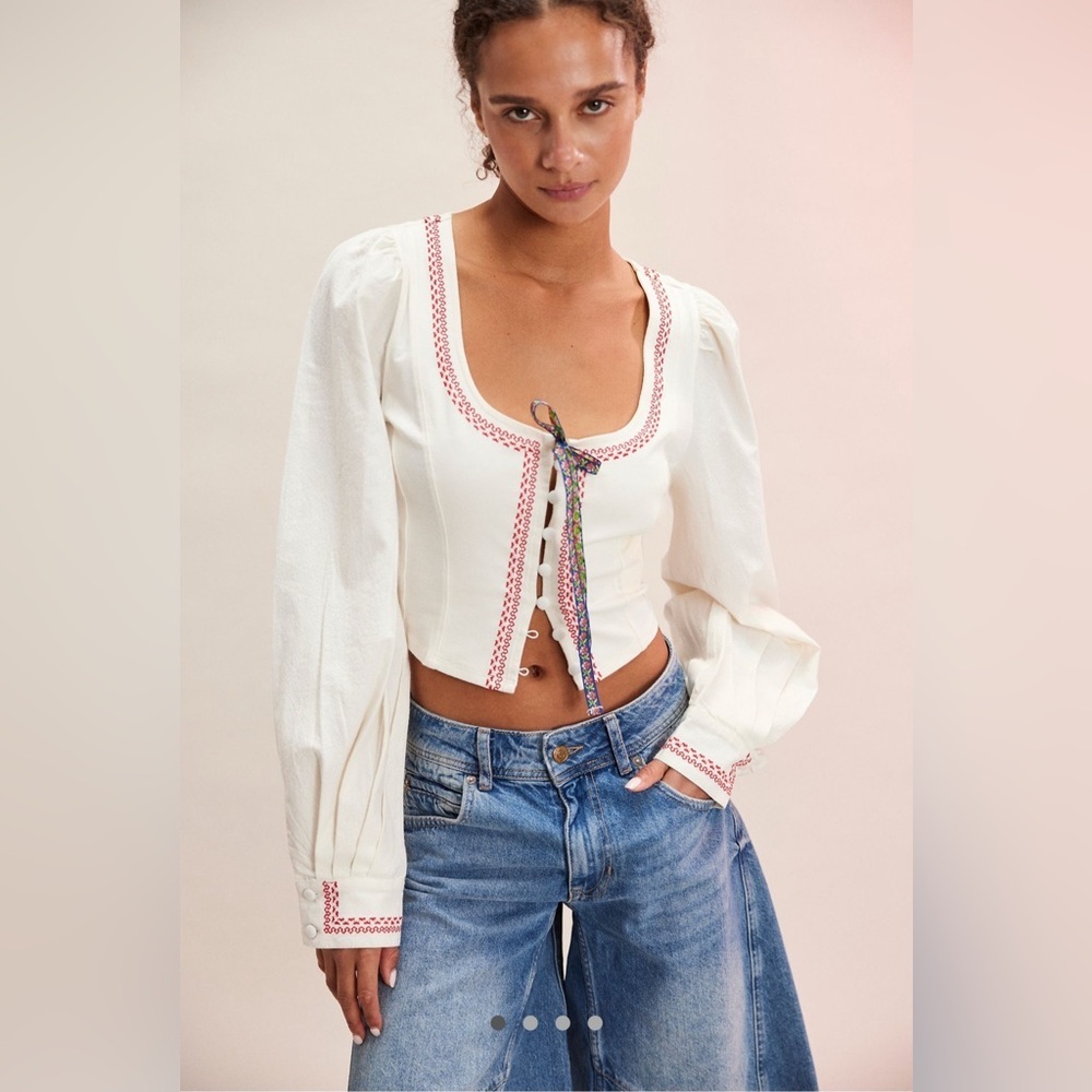 Free People Cream Peasant Blouse with Pink Trim